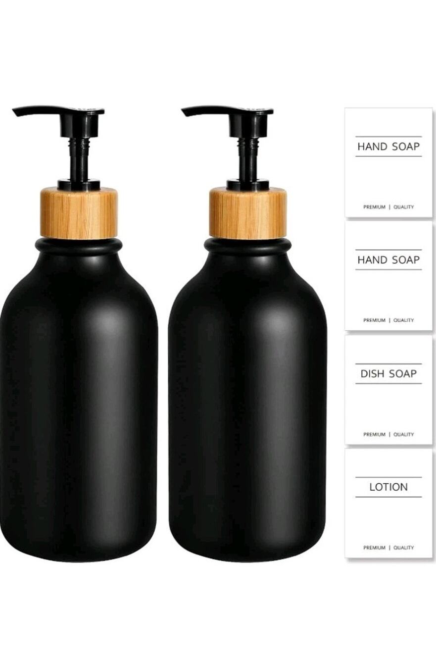 Emerson Essentials 2 Bottle Glass Set Bamboo Tray Black 16 Oz Soap Bottles New